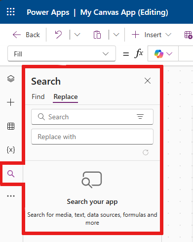 Screenshot that shows how to select the Search option from the authoring menu.