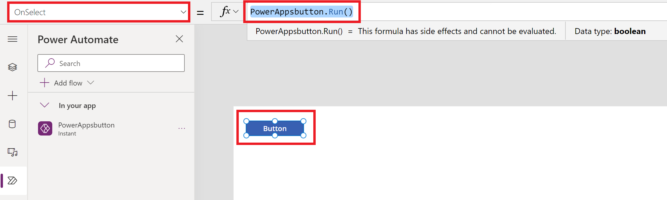 A screenshot showing a flow added to the OnSelect property of the button with a formula.