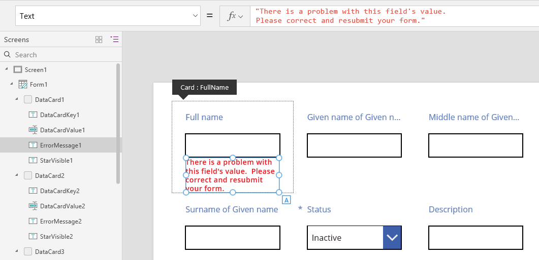 With a longer error message, the control and card grow even more, and note that the cards on the same row all grow together.