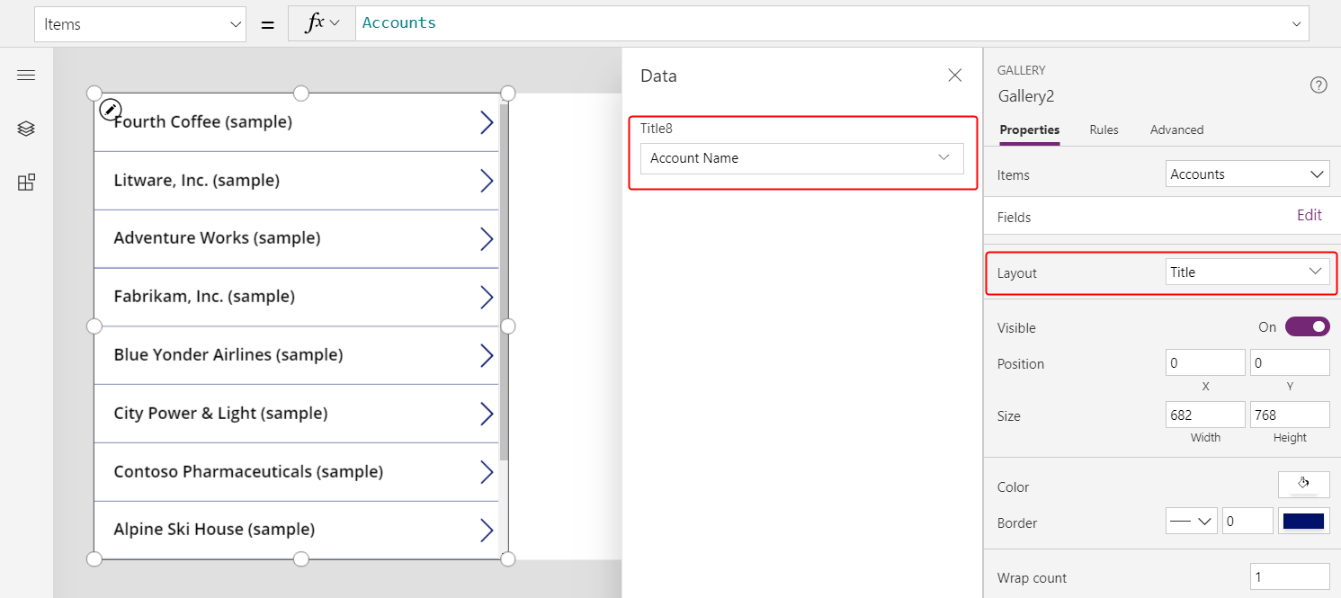 Set Layout to Title for gallery control in the properties pane.