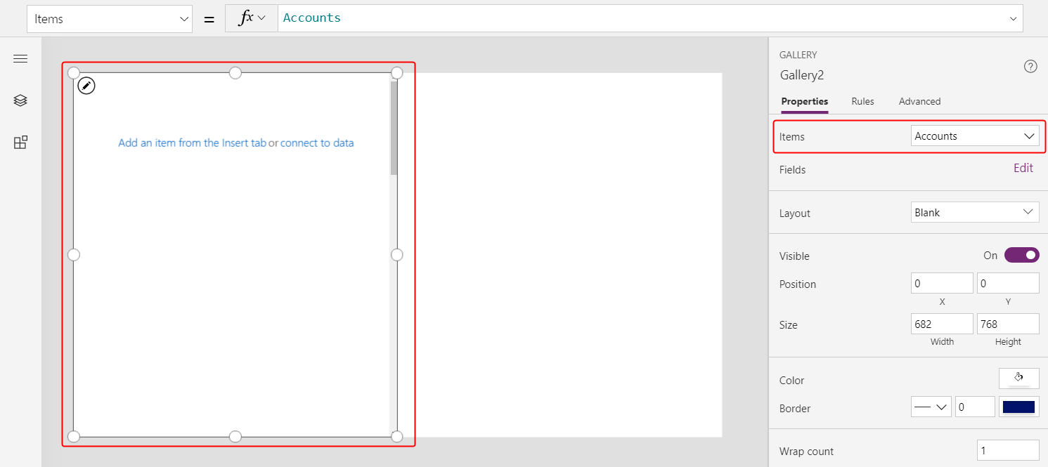 Set Items to Accounts in property pane.