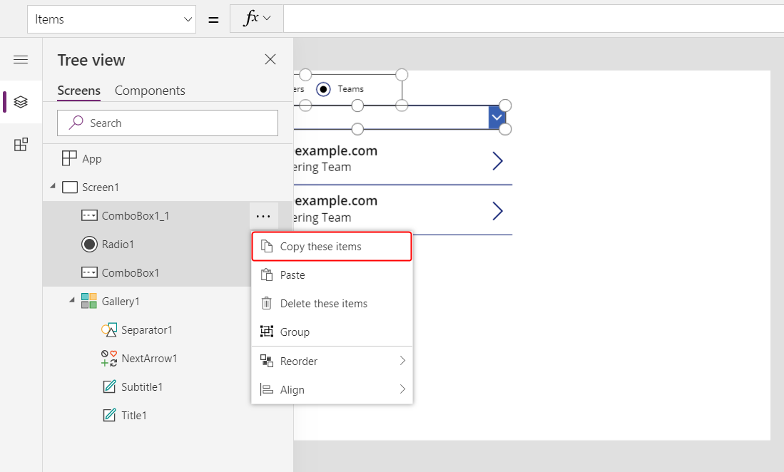 Copy of multiple controls using the tree view.