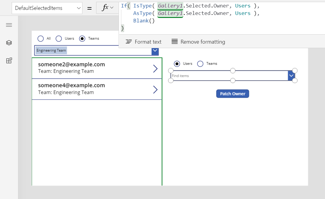 Default property set for the Users combo box.