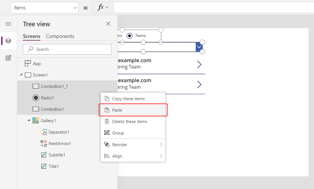 Paste of multiple controls using the tree view.