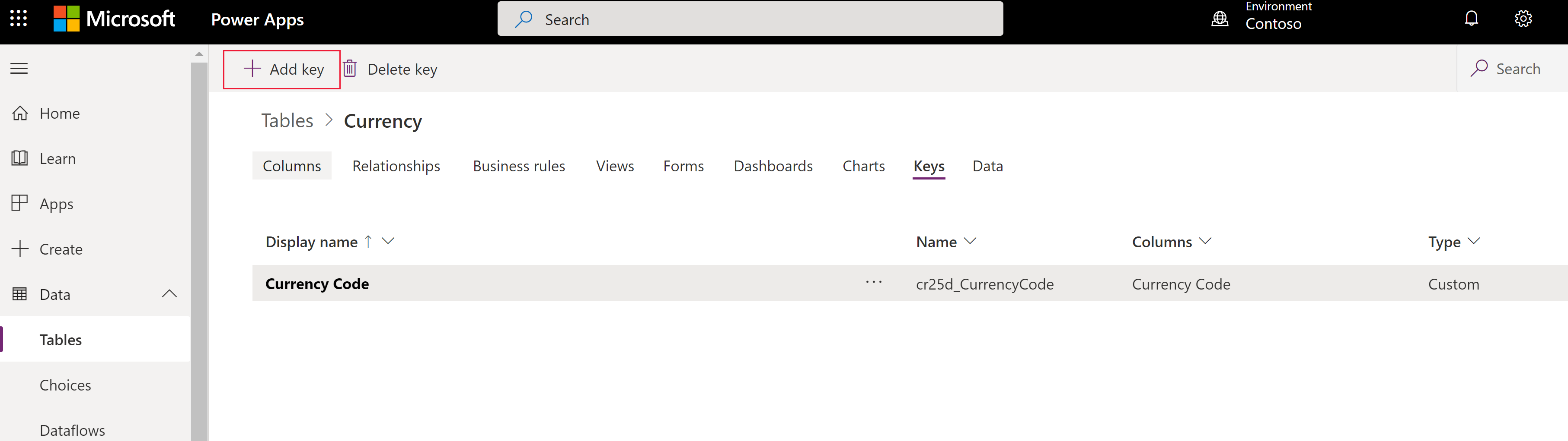 Example of creating an alternate key on a Currency table.