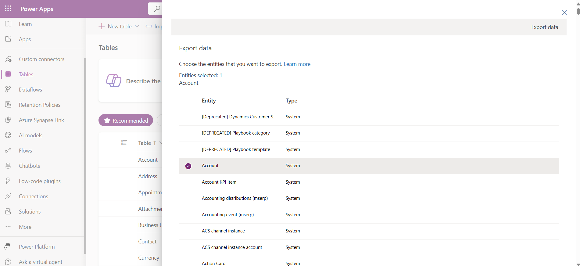 Example of exporting data from an Account table.