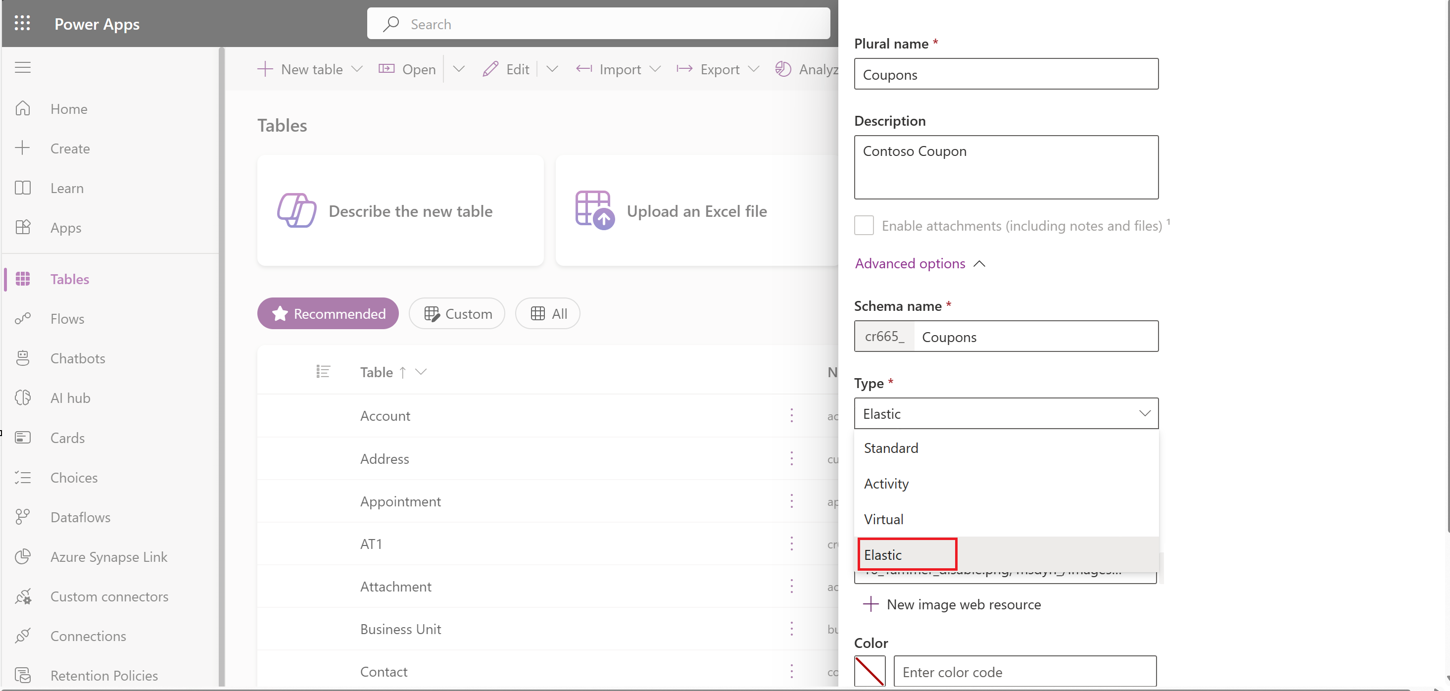 Select Elastic as the table Type