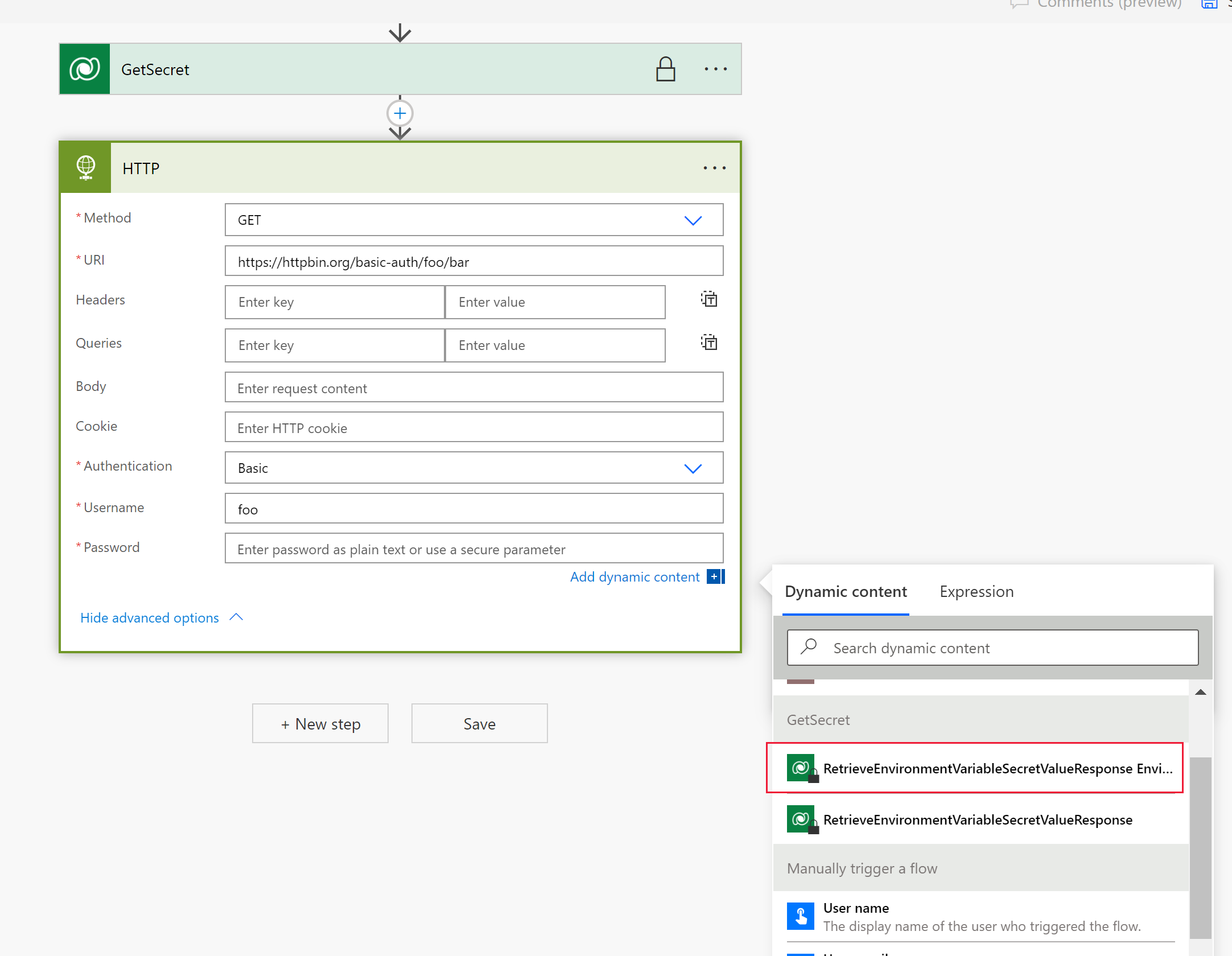 Create a new step using the HTTP connector