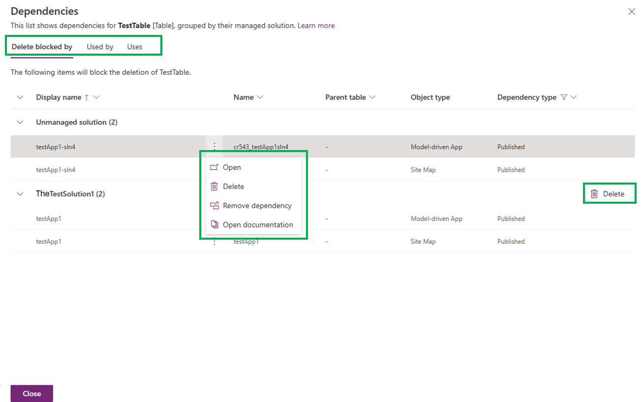 Solution component dependencies actions