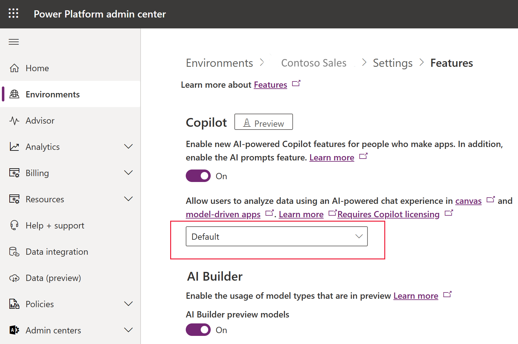 Screenshot that shows how to turn on Copilot in an environment.