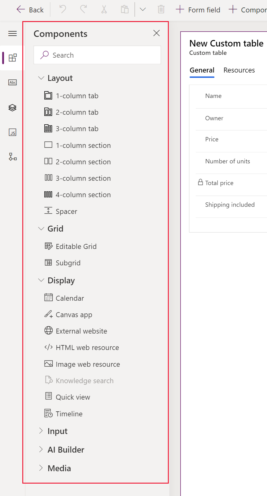 Components pane.