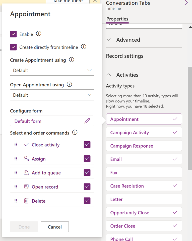 Configure the ability to enable command actions from timeline