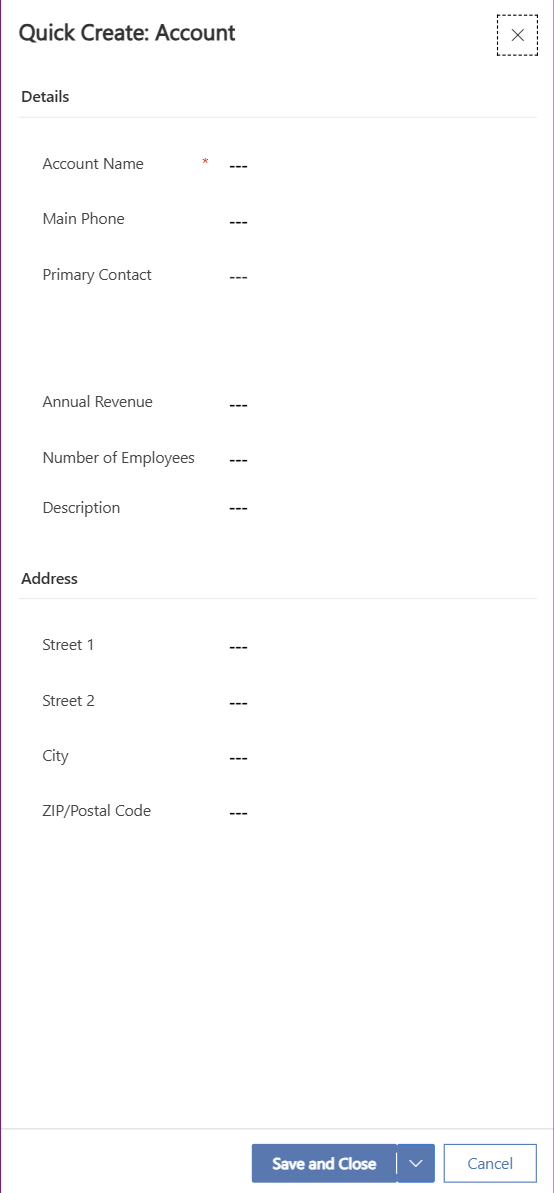 Quick create form for account table in form designer