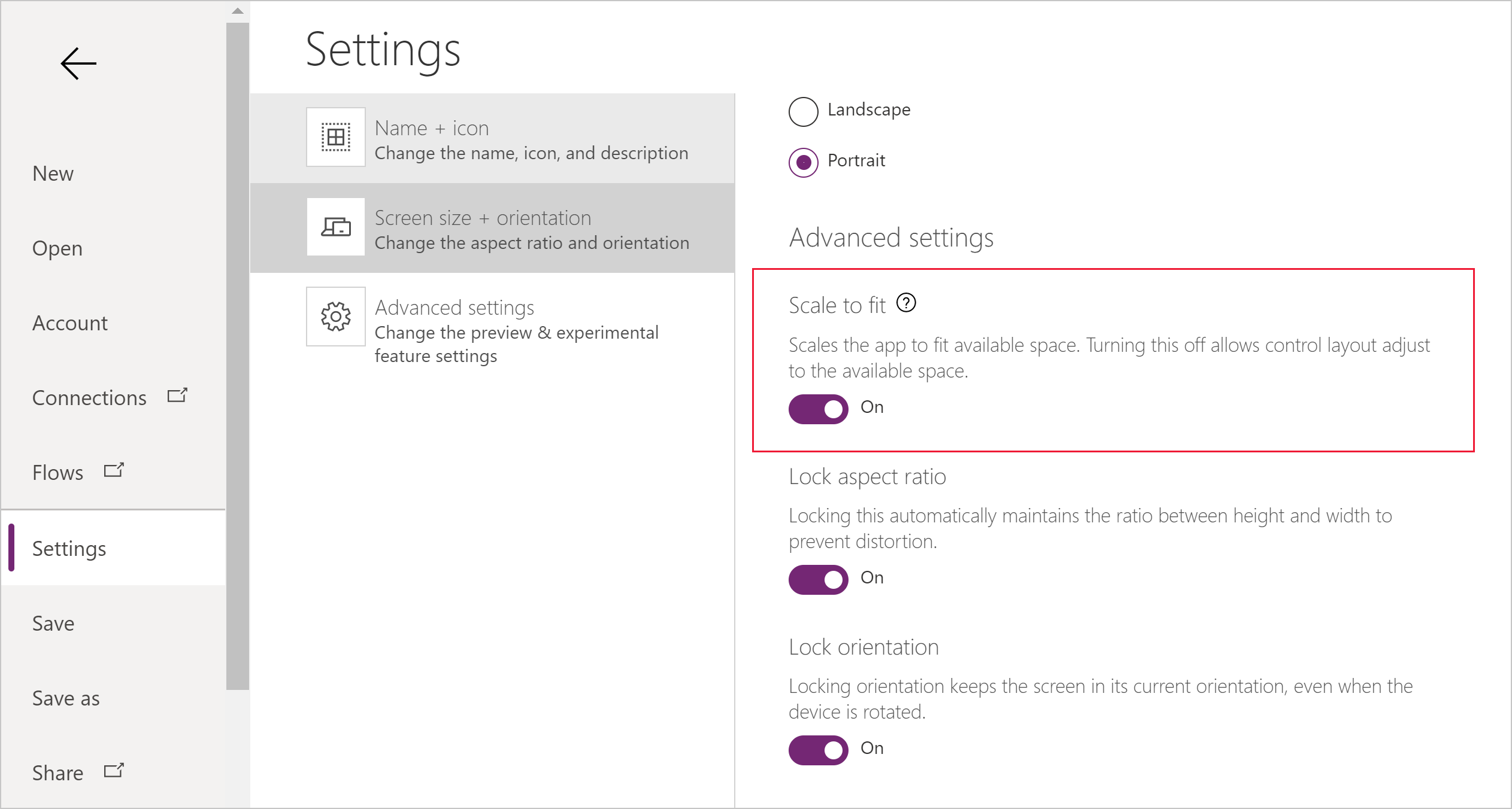 Scale to fit canvas app setting.