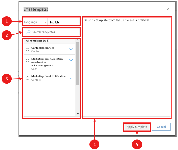 Email template selection window.