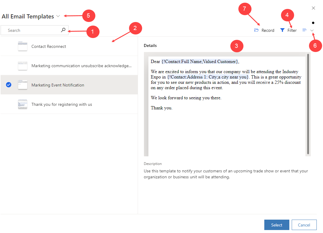 Enhanced email template selection window.