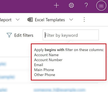 Information tooltip that indicates the list of columns on which a begins-with match is applied.