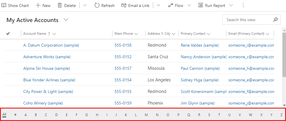 A screenshot of the jump bar that's used to filter records by letter.