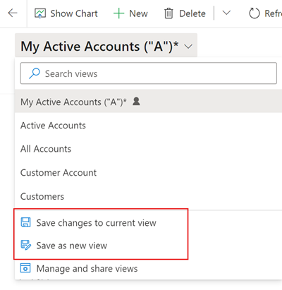 A screenshot of a grid page, showing the view management options in modern advanced find.