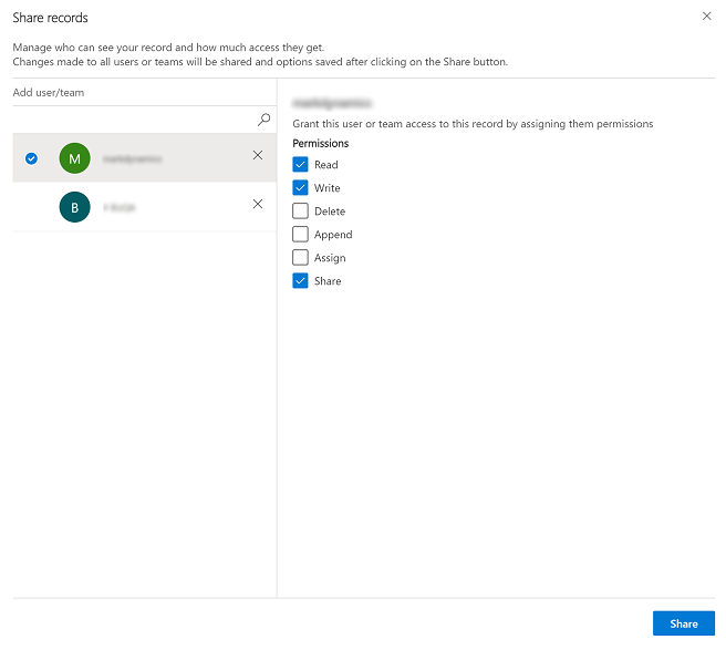 Select a user or team and assign them permission to the row.