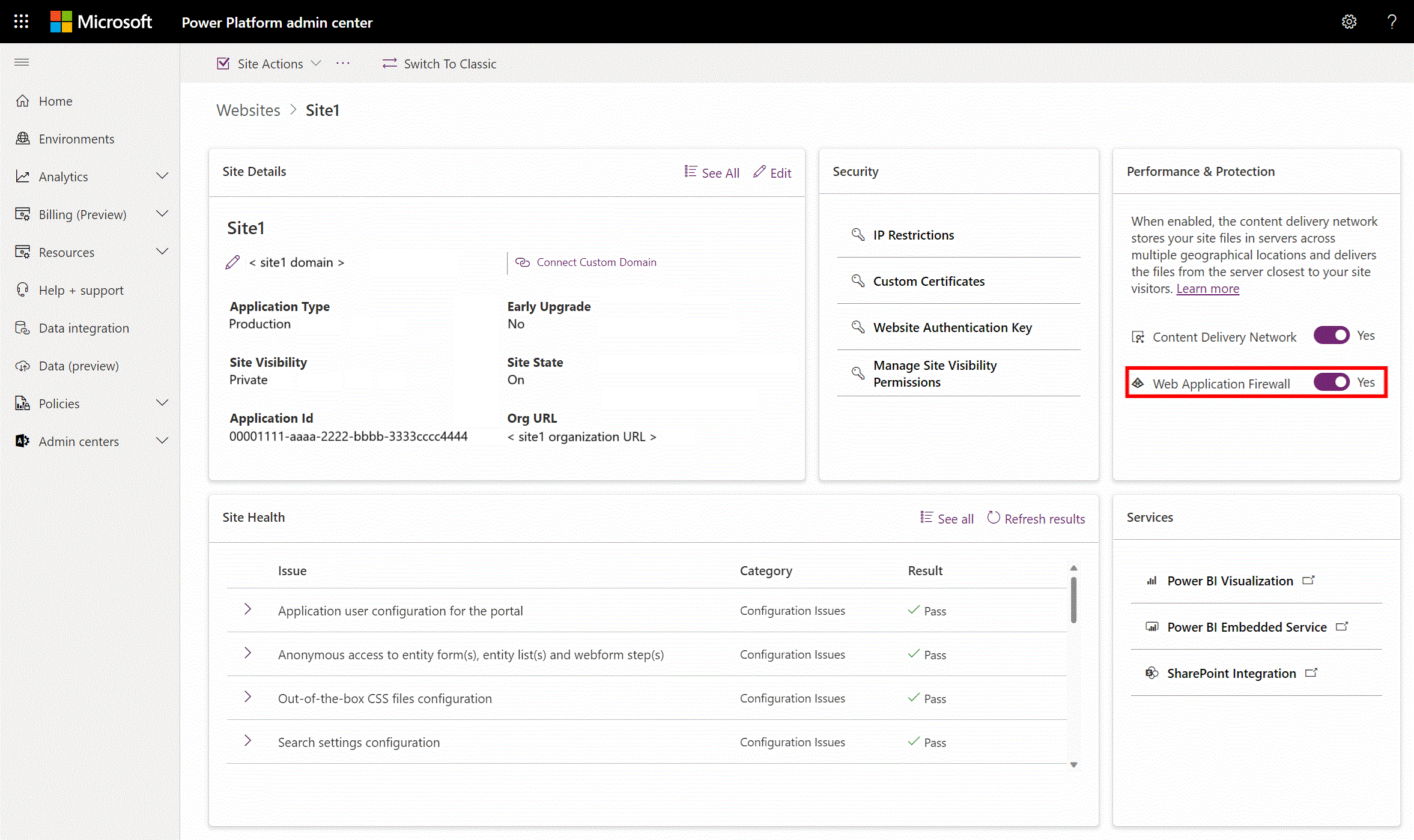 The Performance and Protection card inside design studio with the Enable Web Application Firewall toggle enabled.