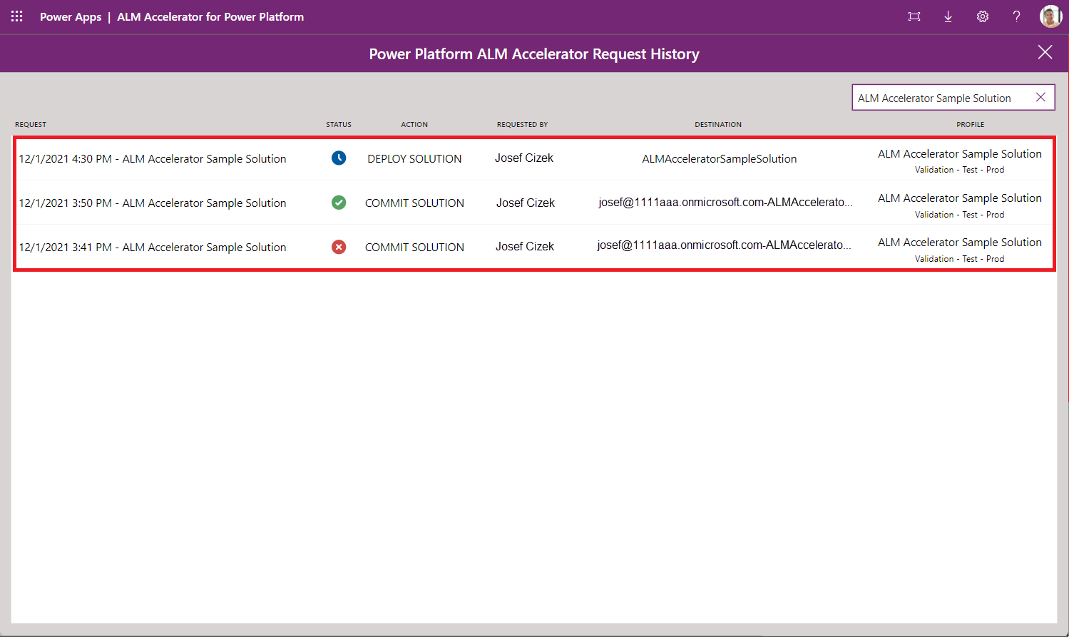 Screenshot of the request history of a solution in the ALM Accelerator.