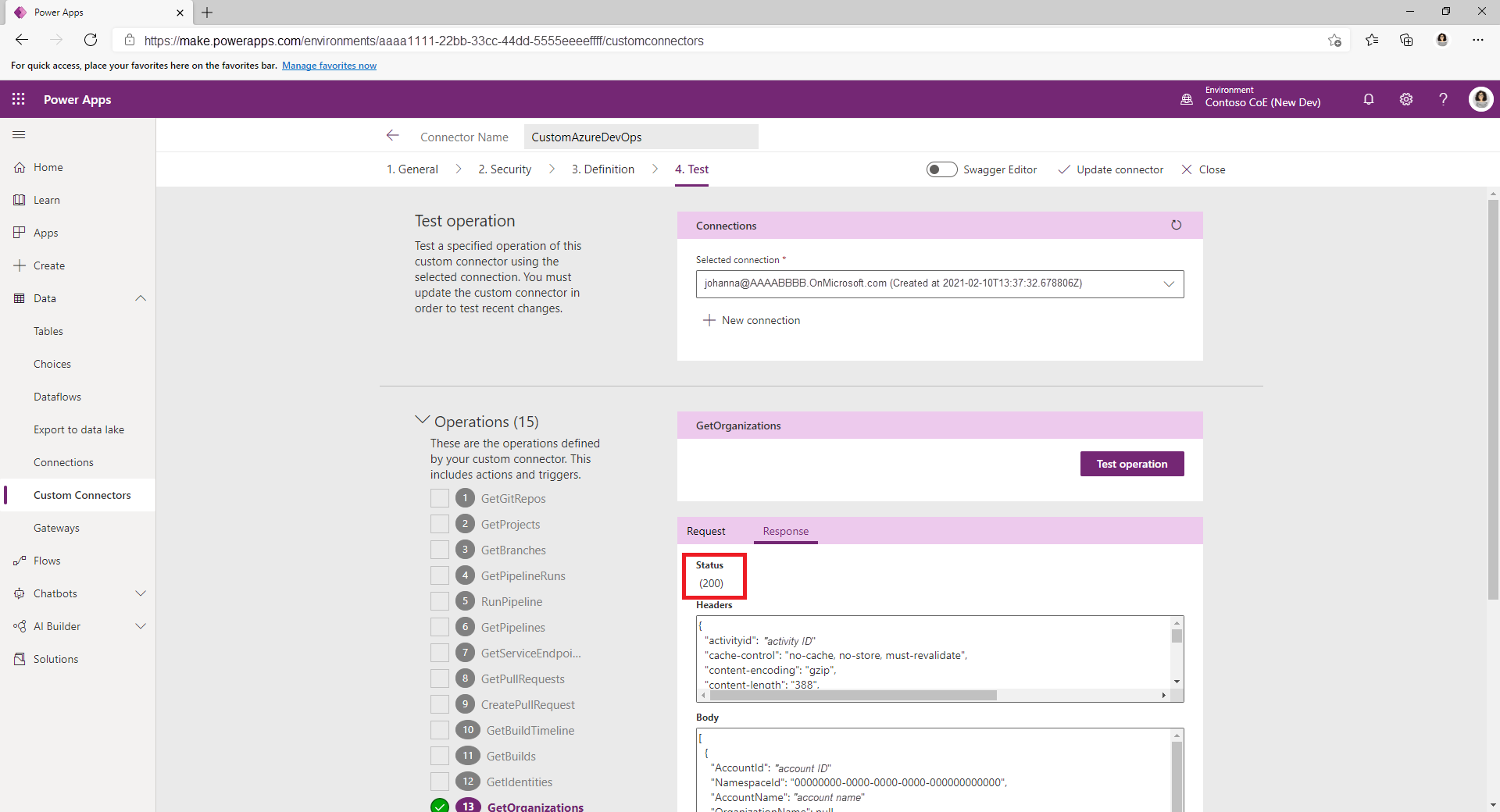 Screenshot of test security settings for a custom Azure DevOps connector.