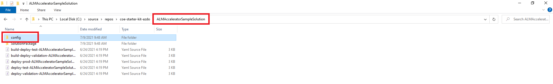 Screenshot of the config directory under the solution directory in the local repo.