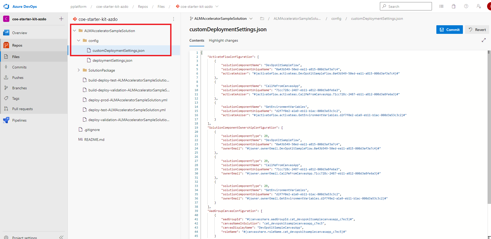 Screenshot of a config folder structure for custom deployment settings.