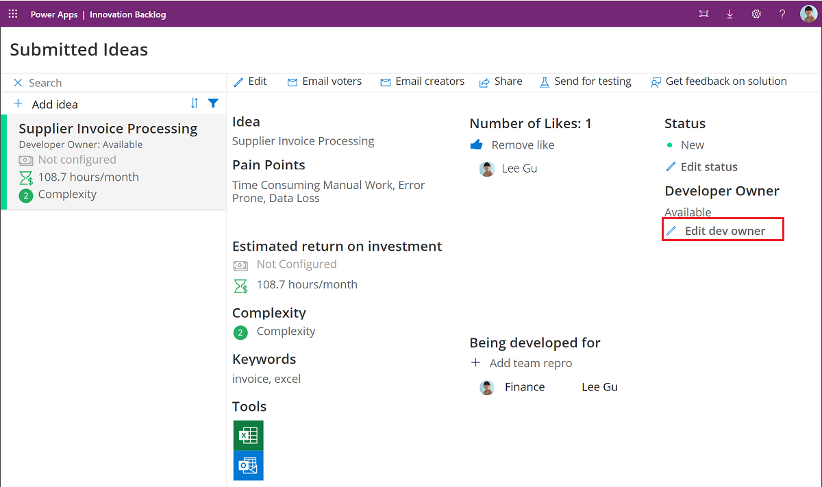 Edit Dev Owner to assign yourself development ownership of the idea.