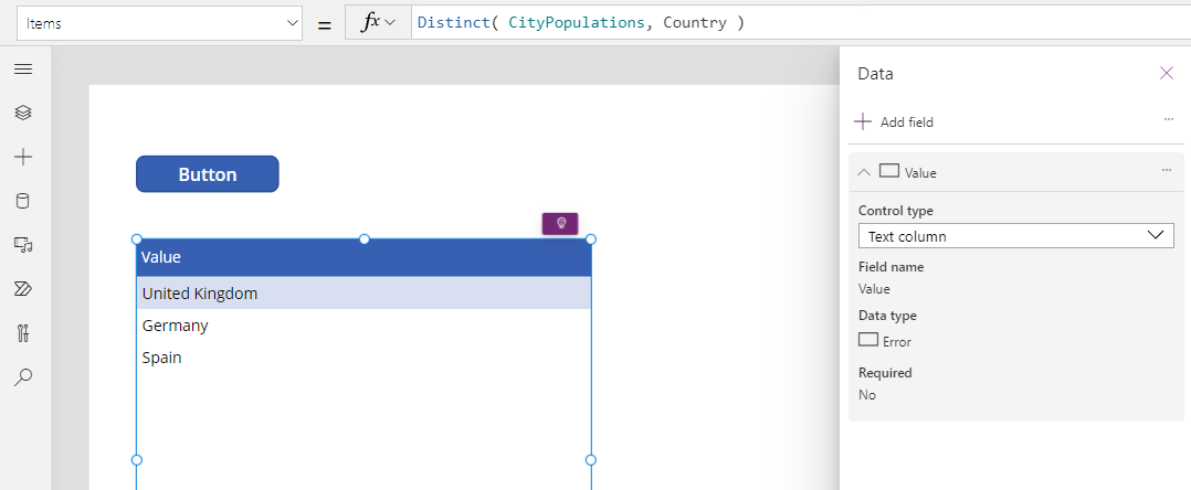 Output from Distinct function shown in data table.