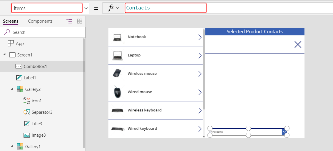 Configure the combo box Items property.