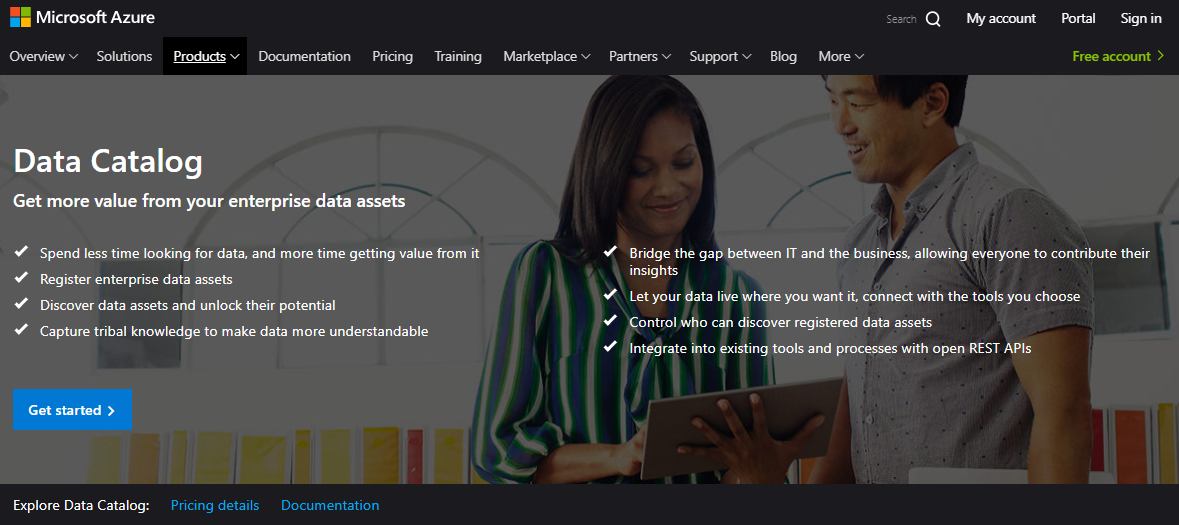 The data catalog service page, with the blue get started button at the bottom.