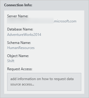 Example data asset properties pane, showing the Connection Info section that contains location information.