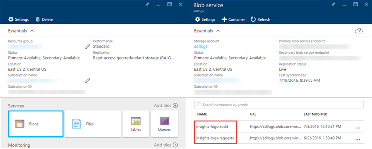 Screenshot of the Data Lake Storage Gen 1 blade the the Blobs option selected and the Blog service blade with the names of the two blob services called out.