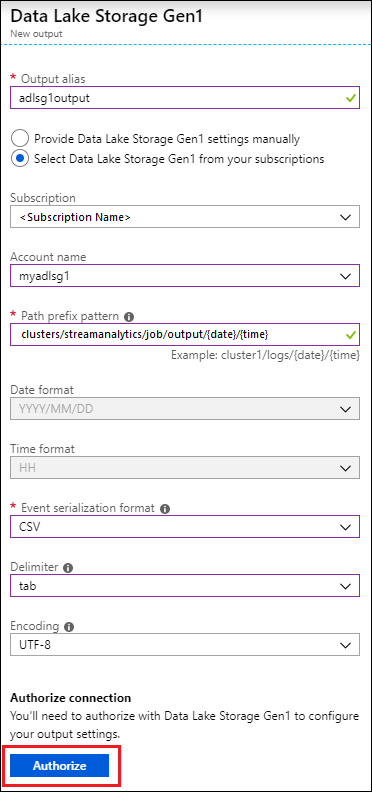 Screenshot of the Data Lake Storage Gen 1 - new output blade with the Authorize option called out.