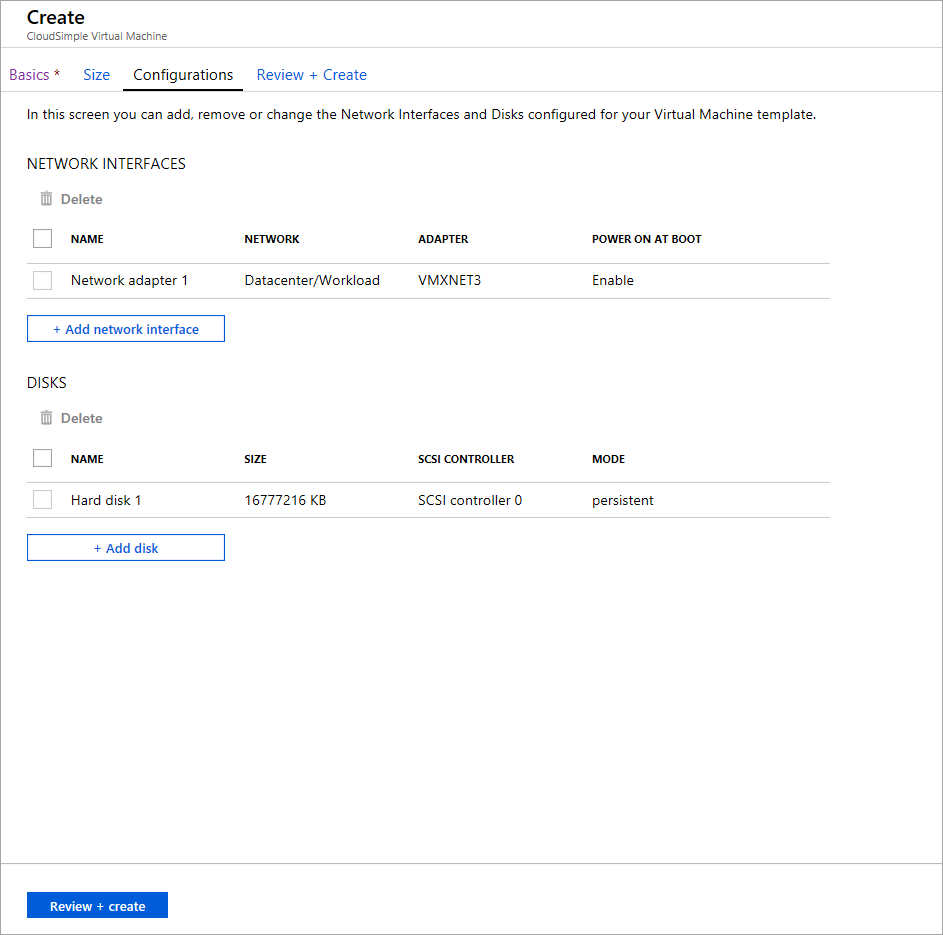 Create CloudSimple virtual machine - configurations