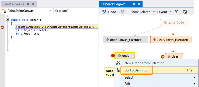 Go to code definition for a method on code map