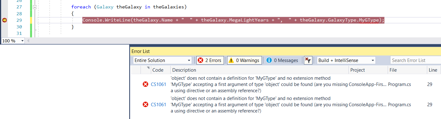 Screenshot of the Visual Studio Debugger with a line of code highlighted in red and an Error List window with two errors listed.