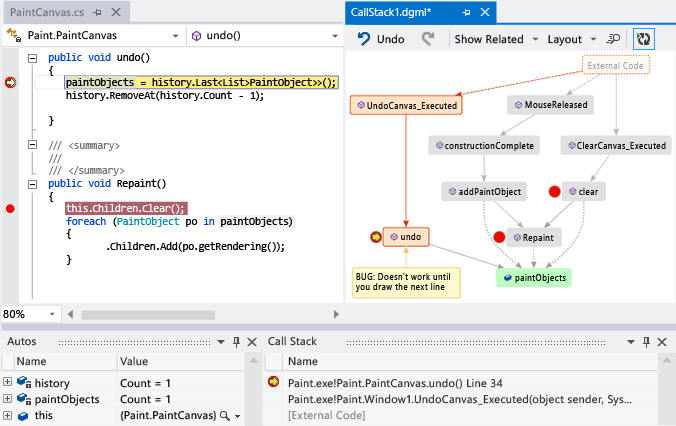 Debugging with call stacks on code maps