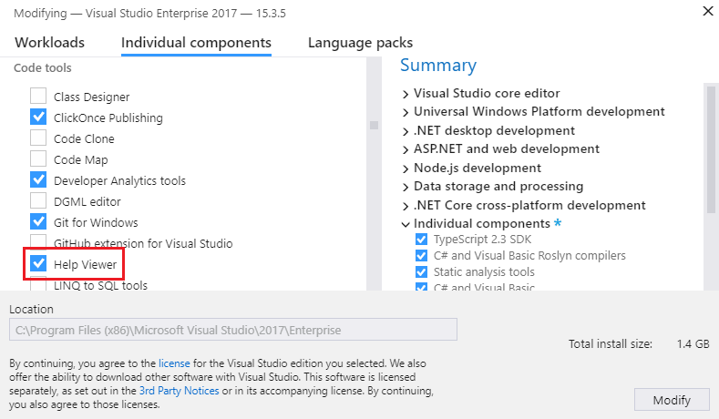 VS Installer Help Viewer component