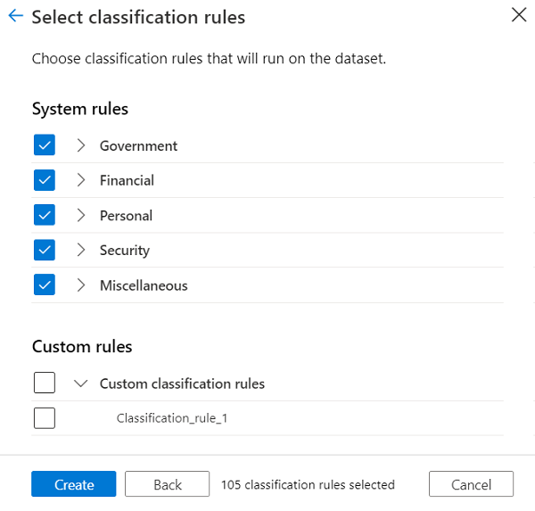 Screenshot showing the Select classification rules page.