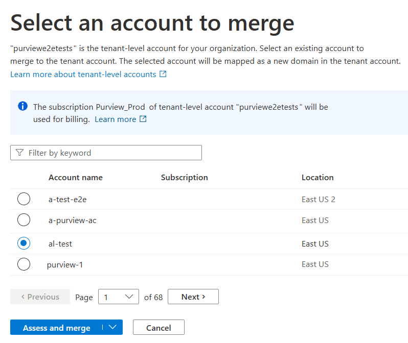 Screenshot of the select account menu in the Microsoft Purview portal.