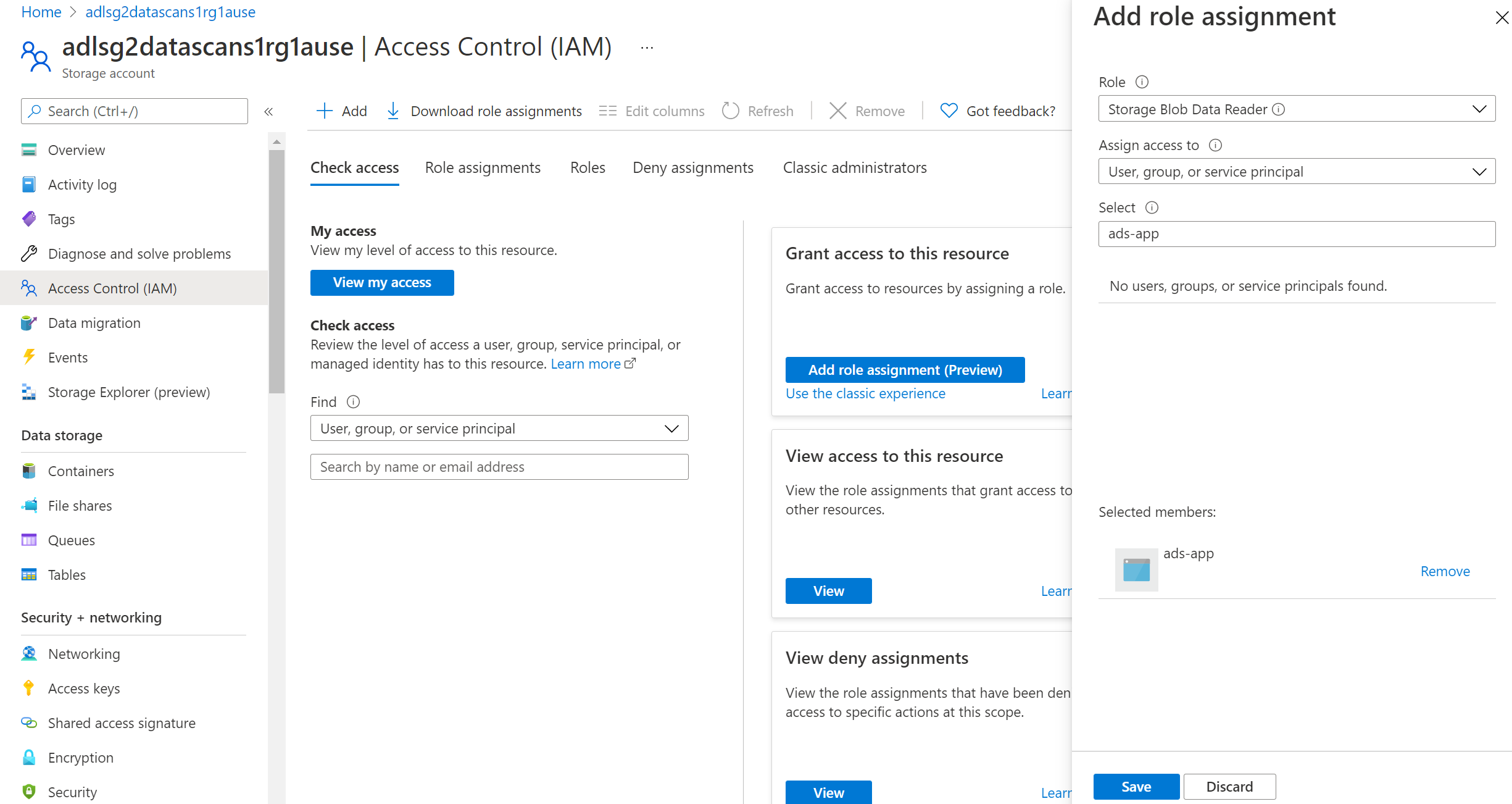 Screenshot that shows the details to provide storage account permissions to the service principal