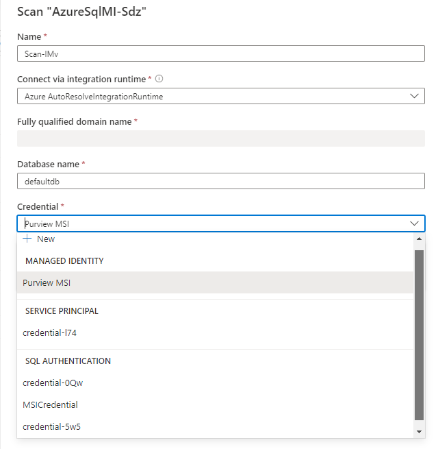 Screenshot of new scan window, with the Purview MSI selected as the credential, but a service principal, or SQL authentication also available.