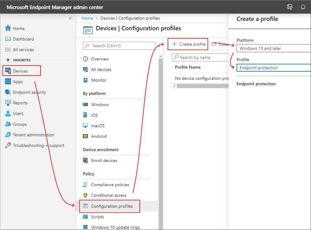 Screenshot of Create a profile in Devices Configuration profiles for Windows 10.