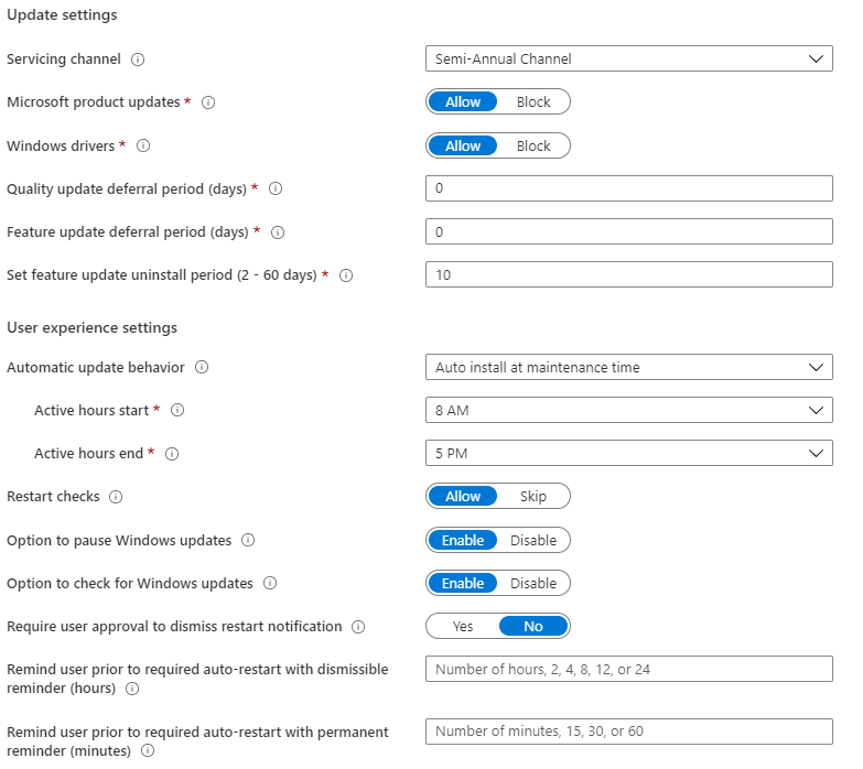 Screenshot of Update settings and User experience settings.