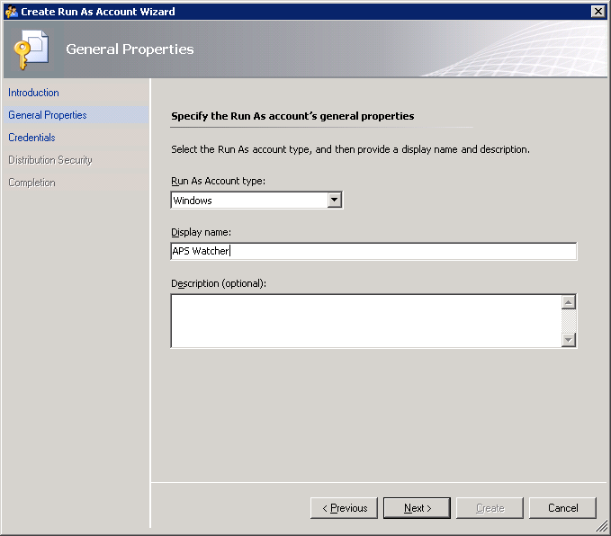 Screenshot showing the General Properties page of the Create Run As Account Wizard.