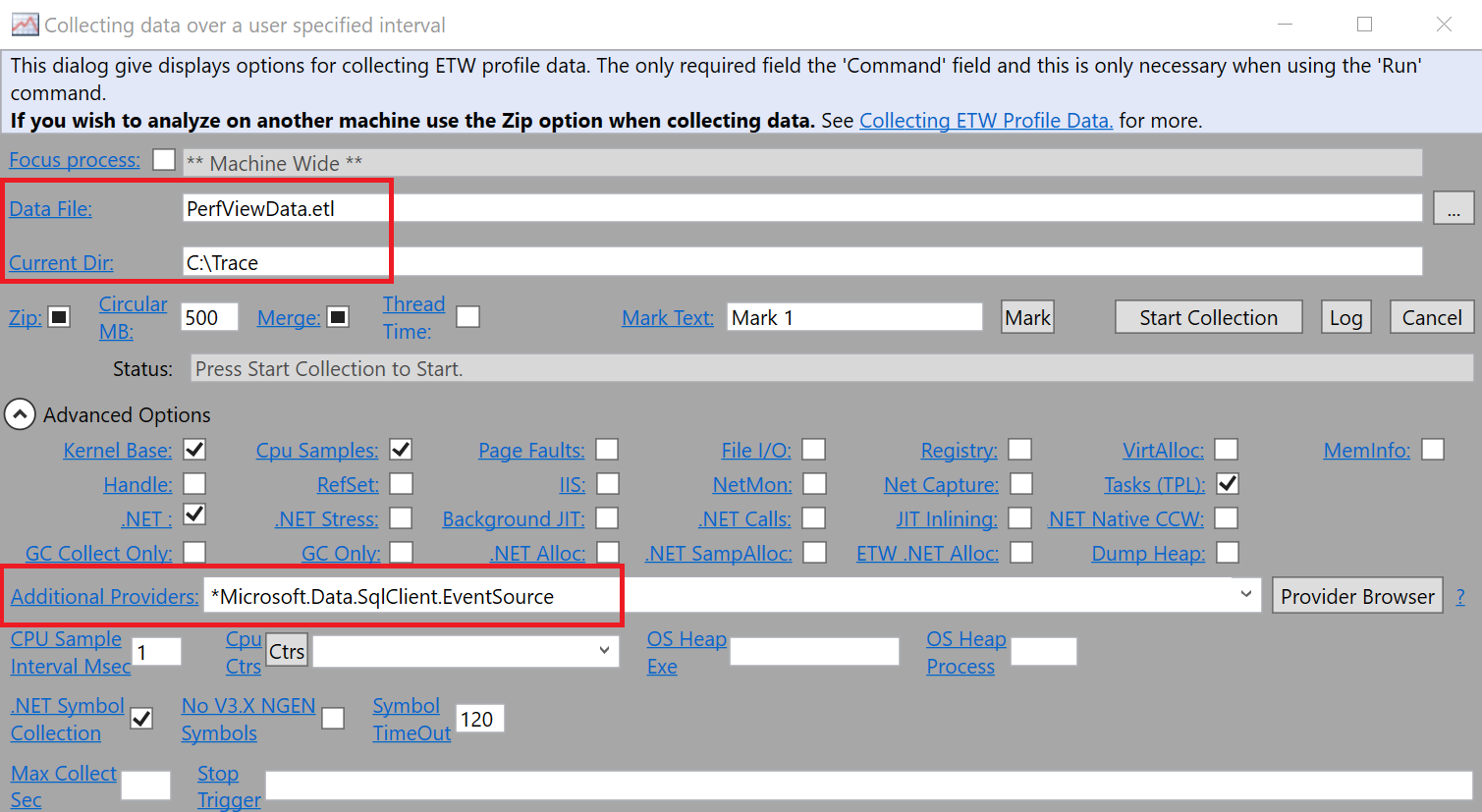 Configure Perfview before collection