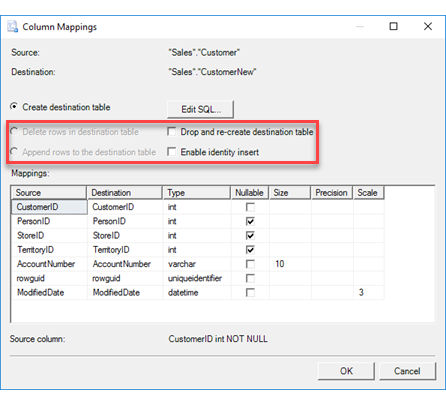 Column mappings page, options section